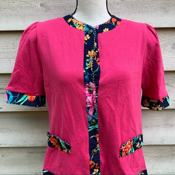 Vintage 80s Pink Floral Print Button Down Circle Neck Short Puff Sleeve Blouse - Picture 9 of 16
